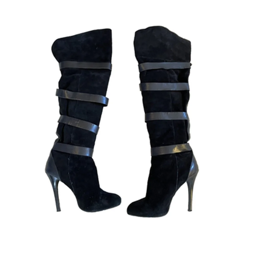 BCBGeneration Black Suede Buckle Accents Over Knee Stiletto Boots Sz 10